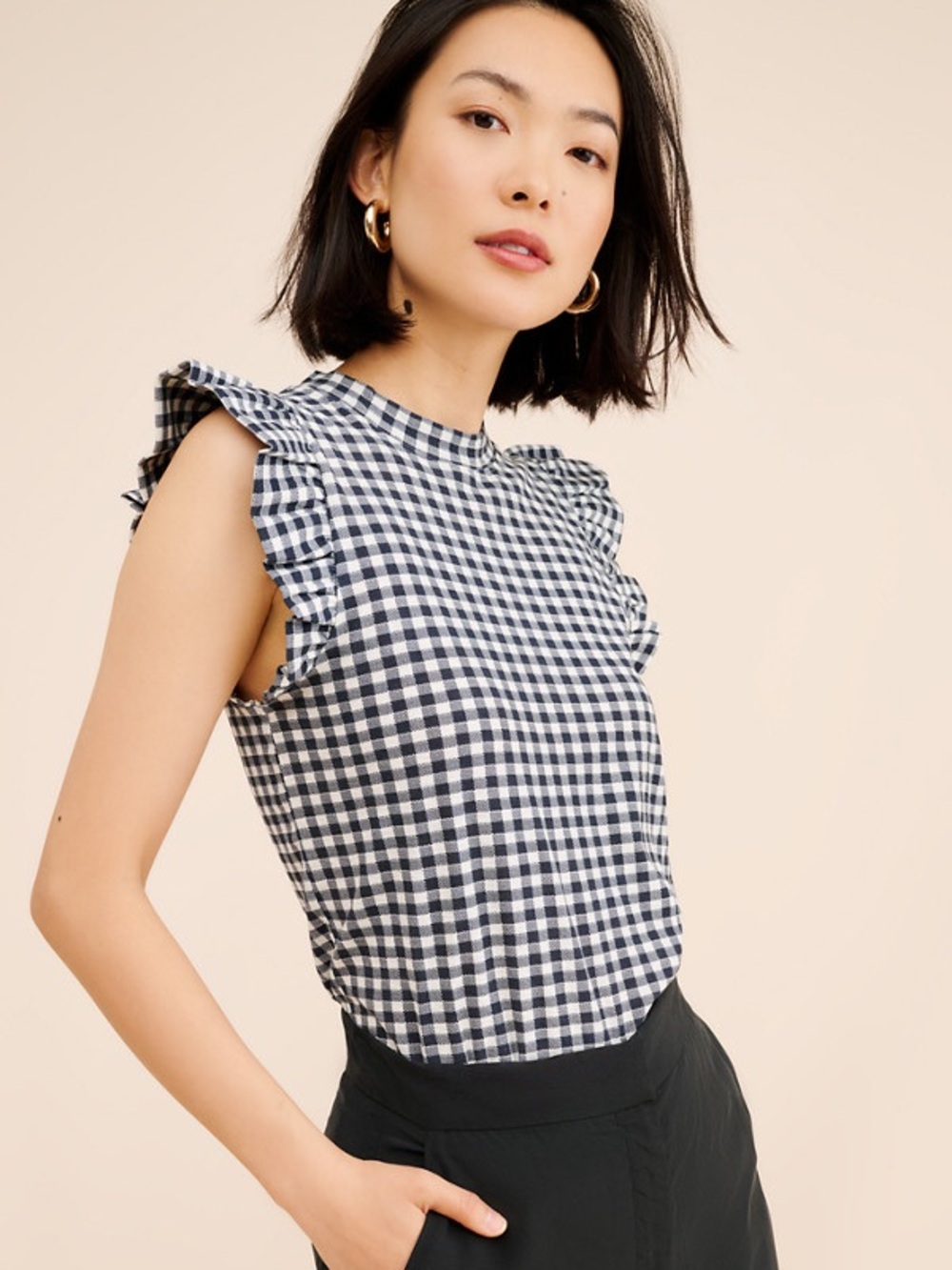 Nation LTD Paulette Ruffle Gingham Pima Cotton Tank Medium